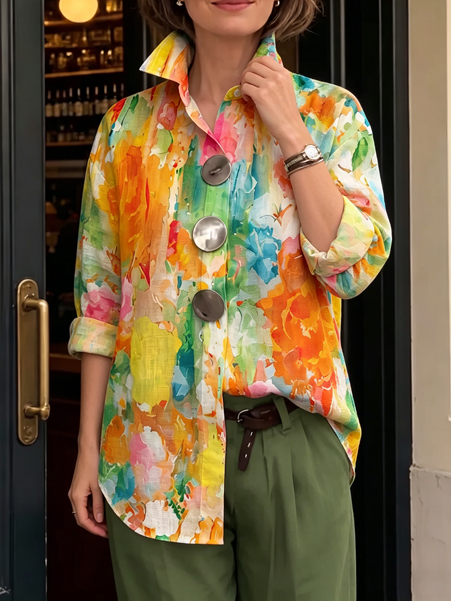 Palette | Chemise Lin Imprimé Aquarelle Multicolore & Grands Boutons Argentés