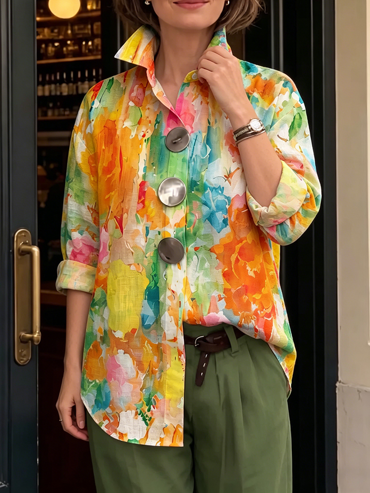 Palette | Chemise Lin Imprimé Aquarelle Multicolore & Grands Boutons Argentés