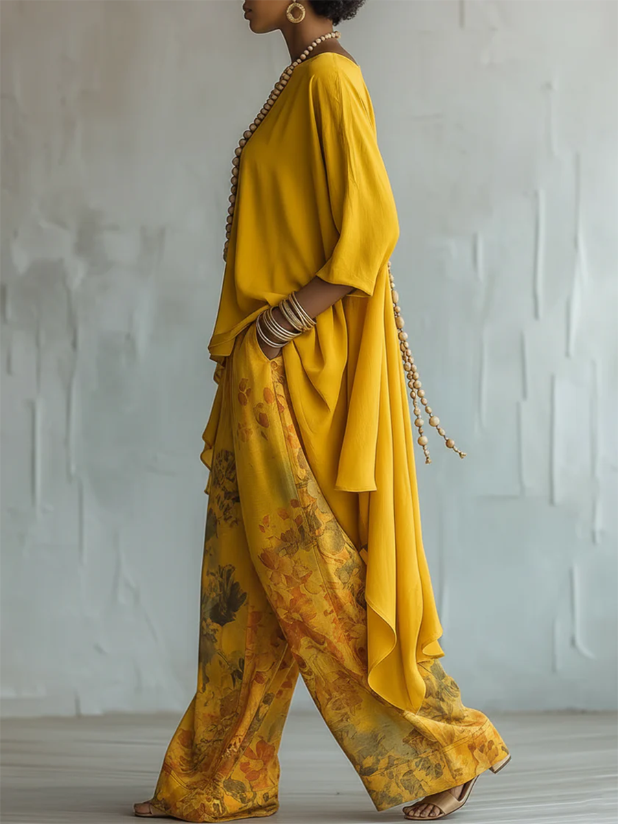 Solange | Ensemble Tunique Asymétrique Unie & Pantalon Large Fleuri