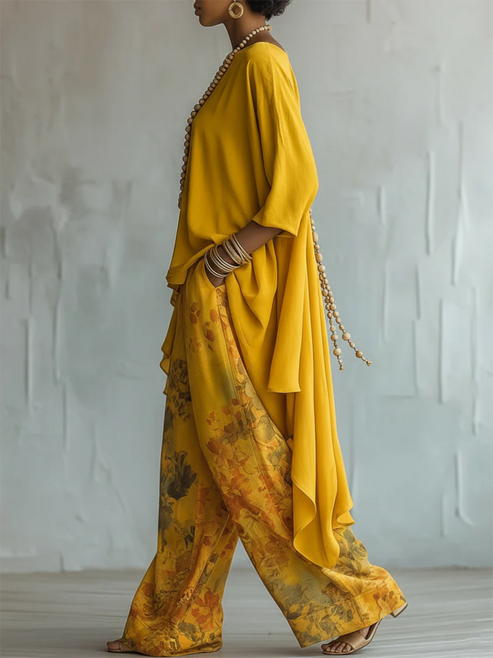 Solange | Ensemble Tunique Asymétrique Unie & Pantalon Large Fleuri