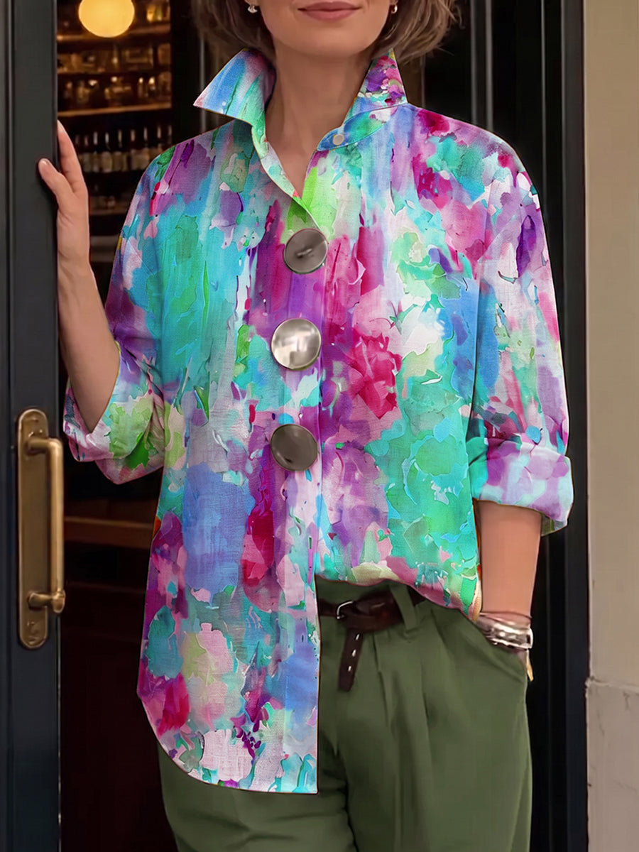Palette | Chemise Lin Imprimé Aquarelle Multicolore & Grands Boutons Argentés