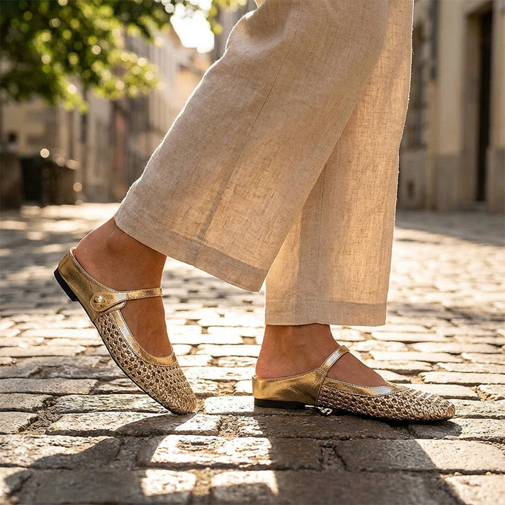 Ariel | Mules Élégantes en Tissu Tressé à Bout Carré avec Bride Mary Jane