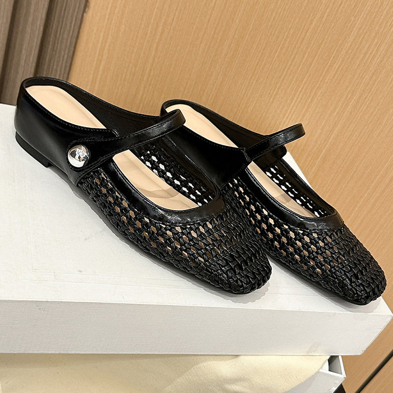 Ariel | Mules Élégantes en Tissu Tressé à Bout Carré avec Bride Mary Jane