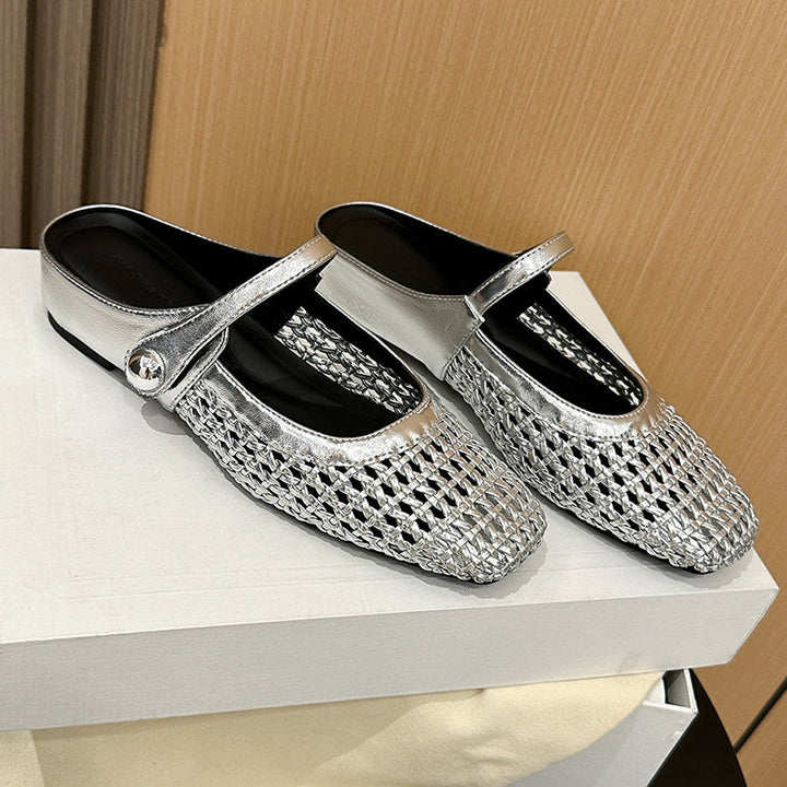 Ariel | Mules Élégantes en Tissu Tressé à Bout Carré avec Bride Mary Jane