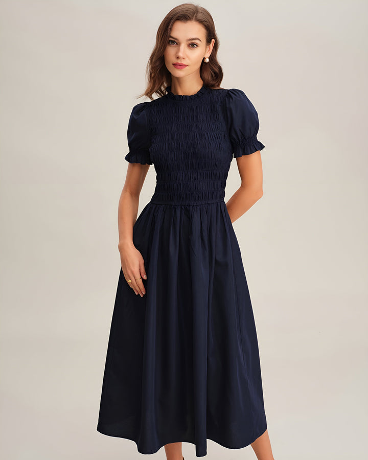 LÉONIE™ | ROBE MIDI BLEUE FRONCÉE EN A