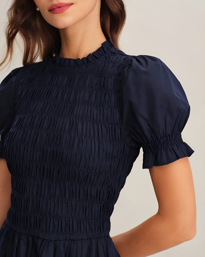 LÉONIE™ | ROBE MIDI BLEUE FRONCÉE EN A