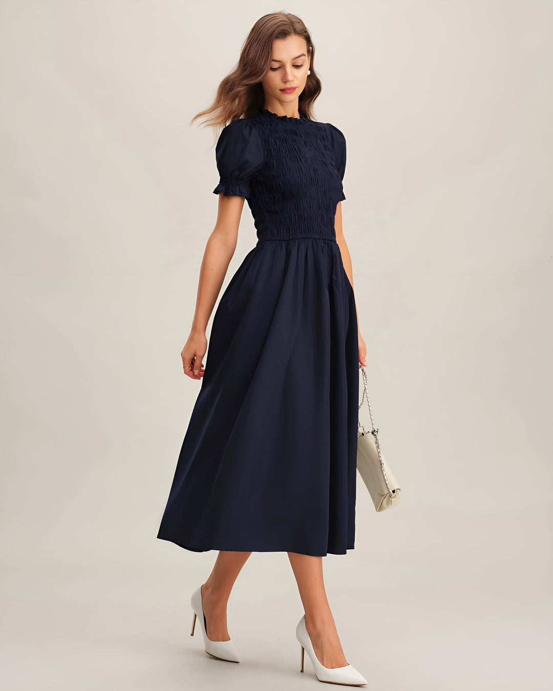 LÉONIE™ | ROBE MIDI BLEUE FRONCÉE EN A