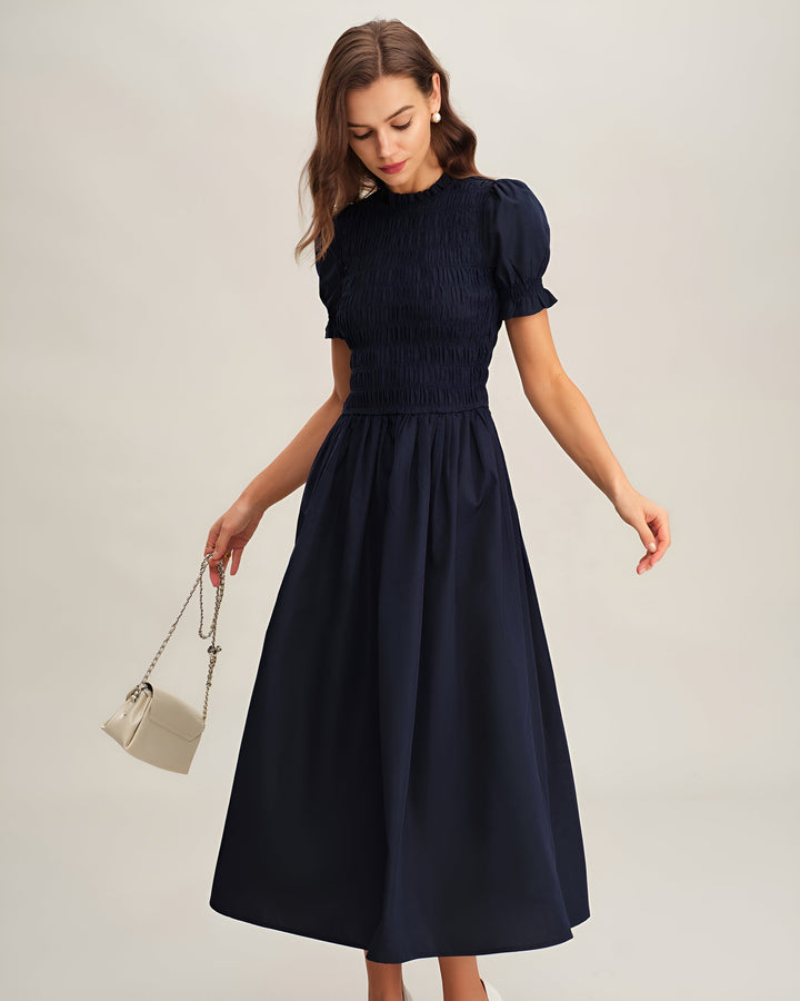LÉONIE™ | ROBE MIDI BLEUE FRONCÉE EN A
