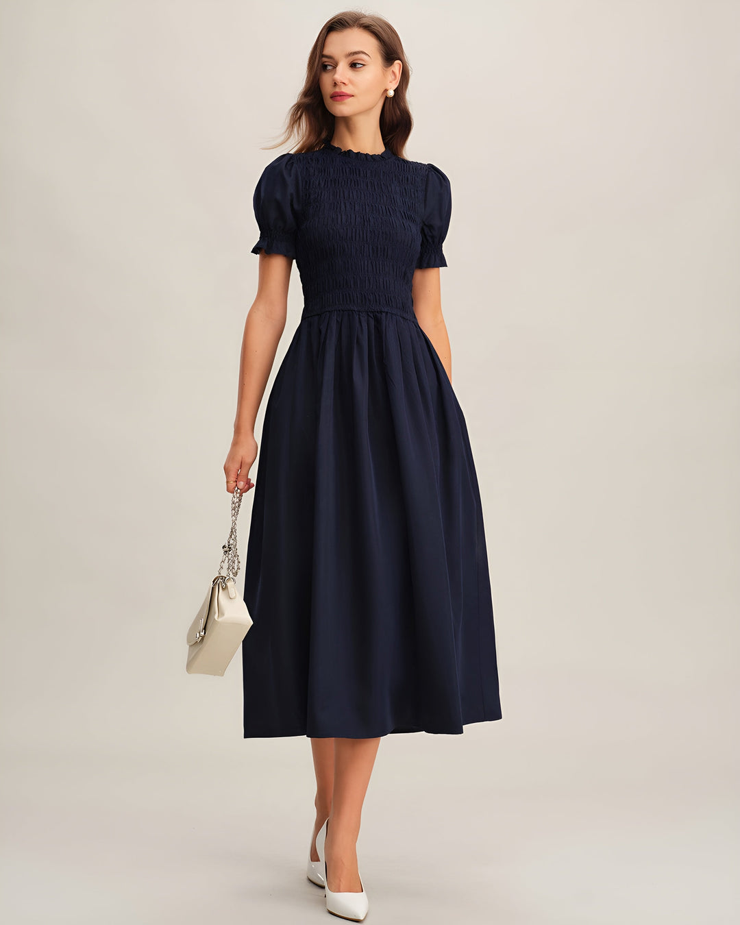 LÉONIE™ | ROBE MIDI BLEUE FRONCÉE EN A