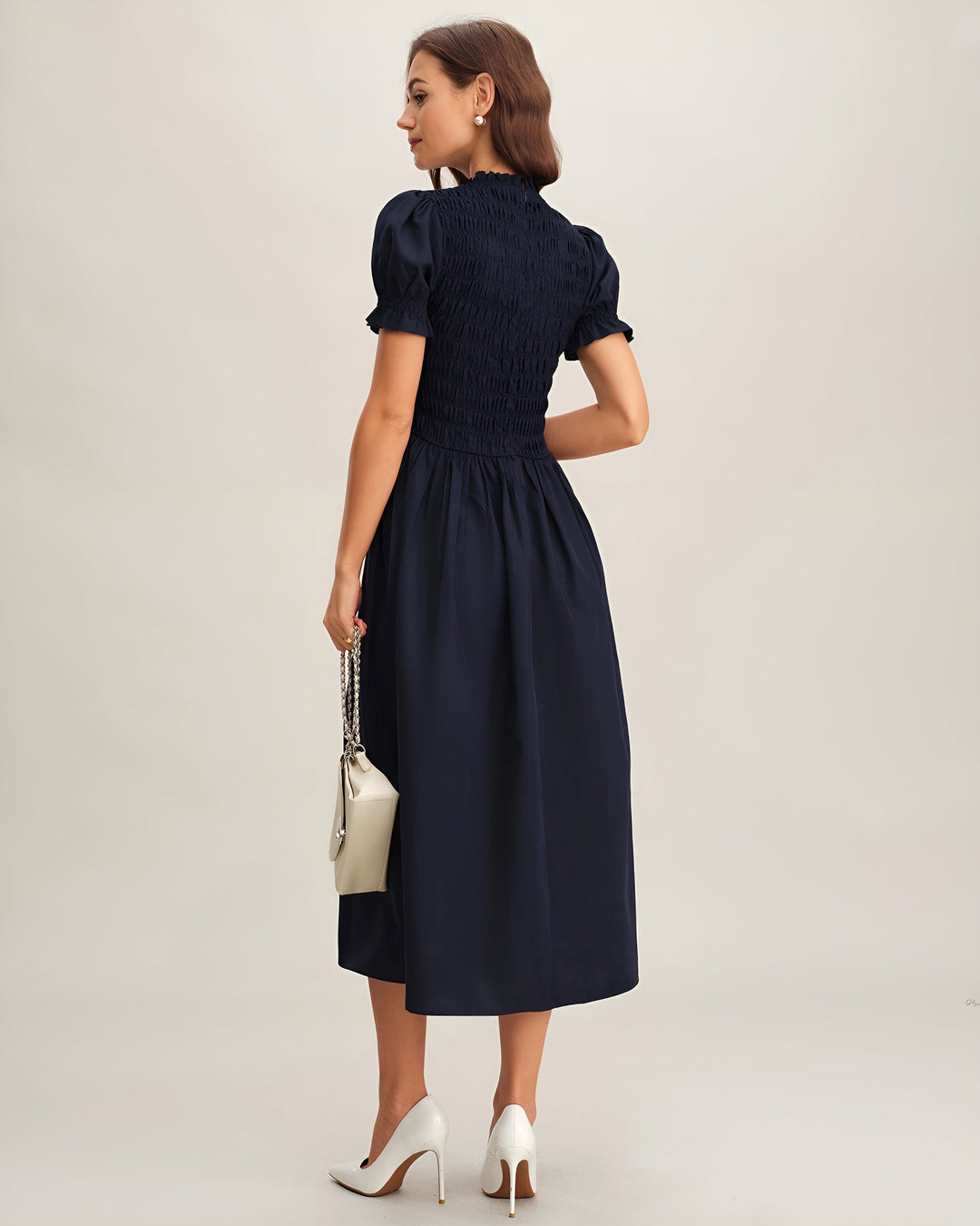 LÉONIE™ | ROBE MIDI BLEUE FRONCÉE EN A