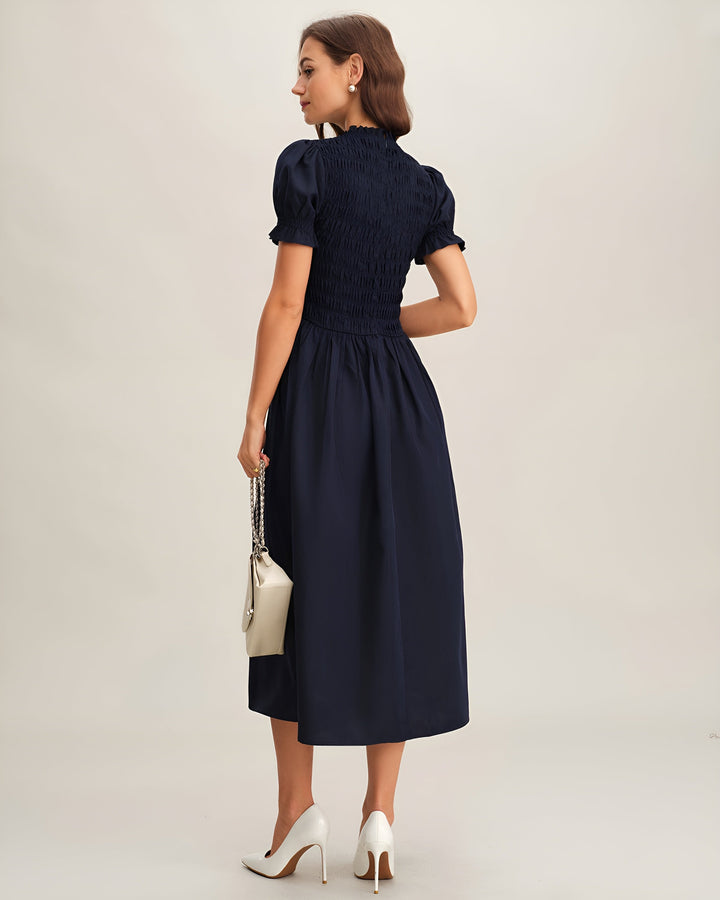 LÉONIE™ | ROBE MIDI BLEUE FRONCÉE EN A